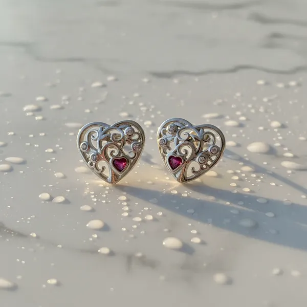 Filigree_Heart_Silver_Earrings_With_Ruby